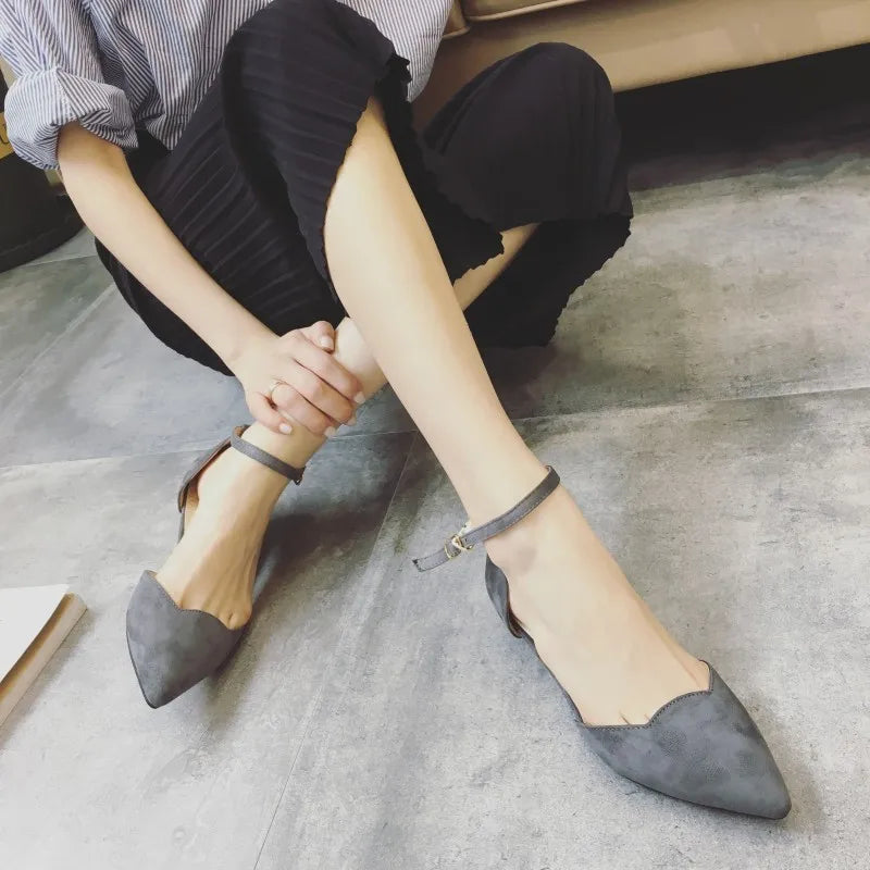 Frendorf | Frauen Schnalle Riemen Niedrig Absätze Pumps Spitz Zehe Flock D'Orsay Absätze Schuhe Einzelschuh Blau