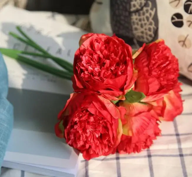 5er Set Große Pfingstrose Seidenblumenstrauß - Weiß & Pink