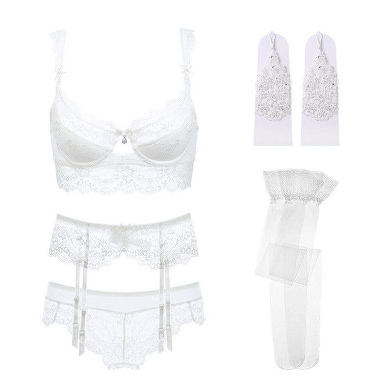 Spitzen Unterwäsche Set Push-Up Bh Höschen Strümpfe & Halsband