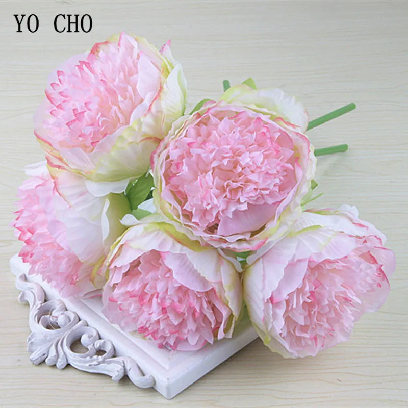 5er Set Große Pfingstrose Seidenblumenstrauß - Weiß & Pink