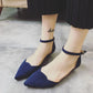 Frendorf | Frauen Schnalle Riemen Niedrig Absätze Pumps Spitz Zehe Flock D'Orsay Absätze Schuhe Einzelschuh Blau