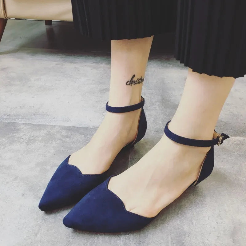 Frendorf | Frauen Schnalle Riemen Niedrig Absätze Pumps Spitz Zehe Flock D'Orsay Absätze Schuhe Einzelschuh Blau