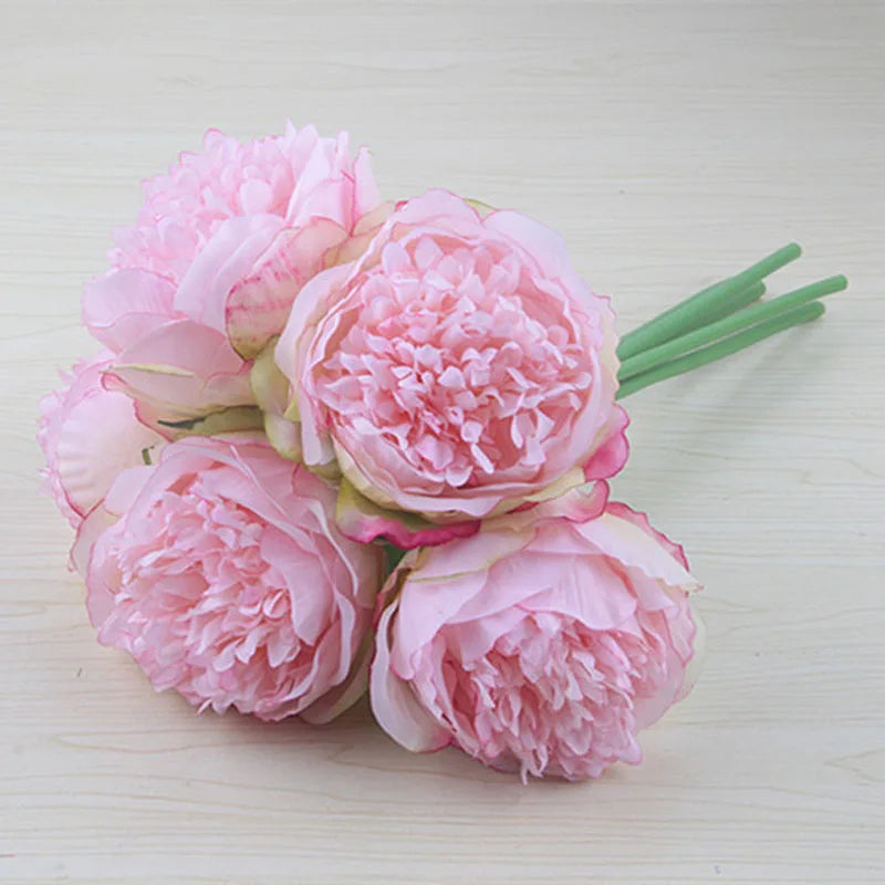 5er Set Große Pfingstrose Seidenblumenstrauß - Weiß & Pink