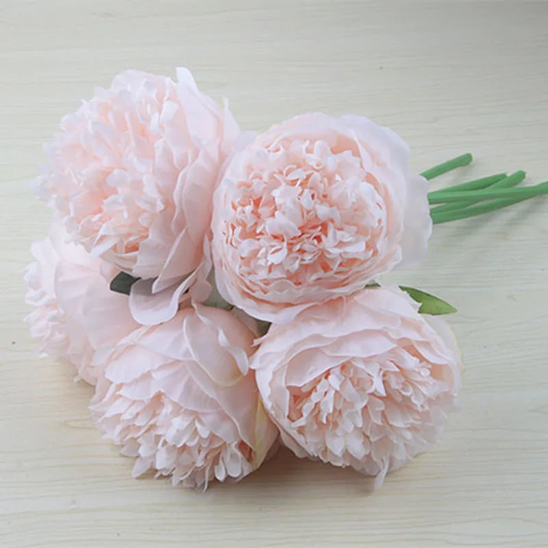 5er Set Große Pfingstrose Seidenblumenstrauß - Weiß & Pink