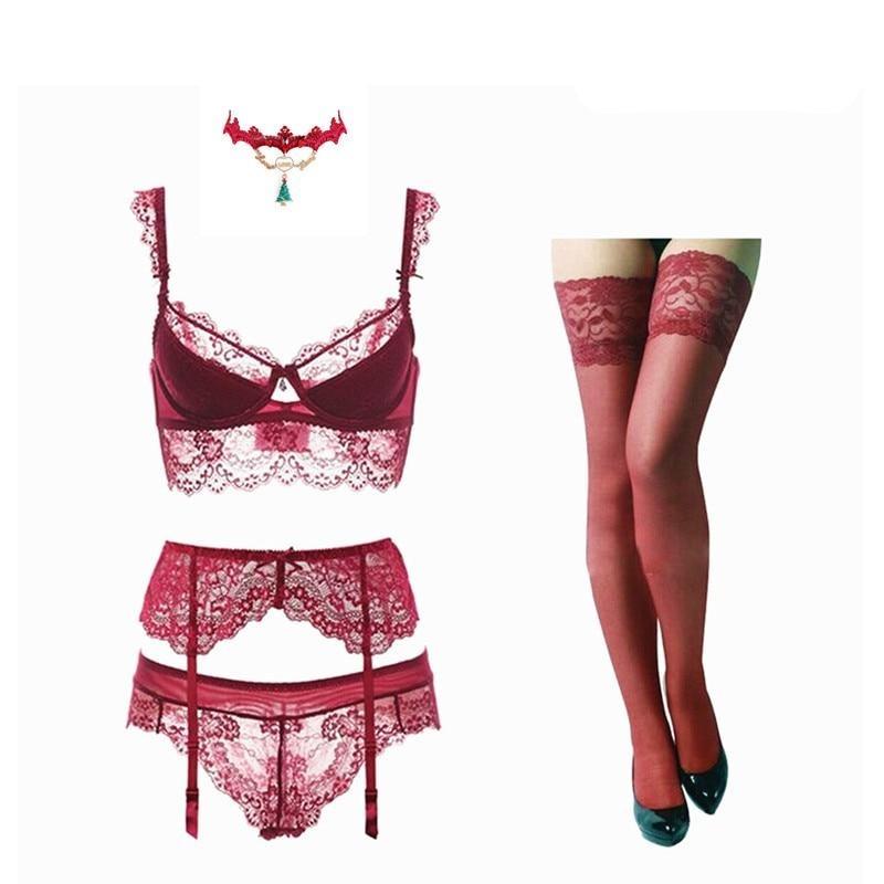 Spitzen Unterwäsche Set Push-Up Bh Höschen Strümpfe & Halsband