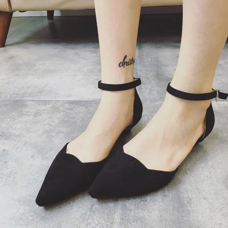 Frendorf | Frauen Schnalle Riemen Niedrig Absätze Pumps Spitz Zehe Flock D'Orsay Absätze Schuhe Einzelschuh Blau