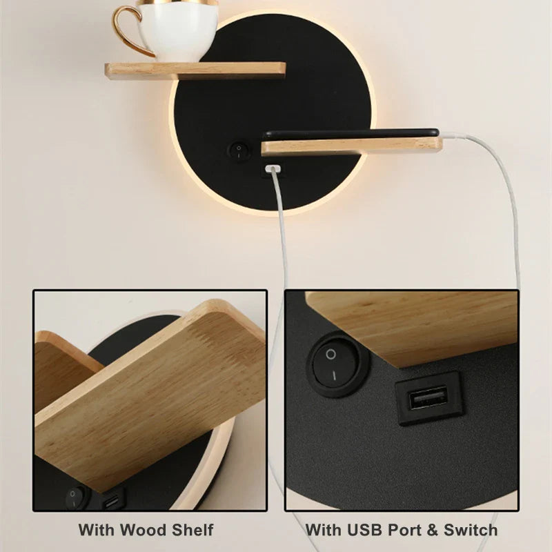 Moderne LED Wandleuchte mit USB-Ladeanschlussregal - Stilvolle Schlafzimmer-Nachtlichtleuchte mit Schalter