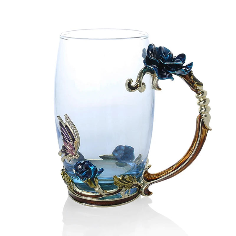 Handgefertigte Emaille Kaffeetassen Rosen-Glas Teetasse mit Stahllöffel Luxus Einzigartige Geschenke für Hochzeit Valentinstag Geburtstagsgeschenke