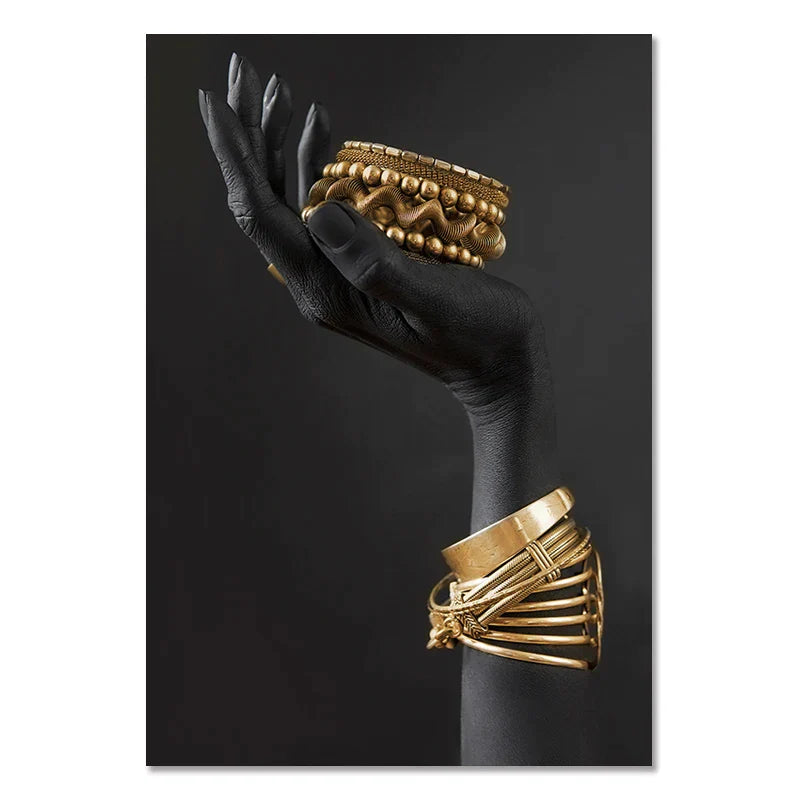 Afrikanische Frau Wandmalerei Kunstposter und Drucke große schwarze Frau mit goldenen Schmuck Leinwandbild für Wohnzimmer Dekor