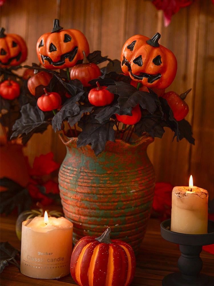 Halloween Fake Smiling Face Pumpkin Seidenahornblätter Bouquet für Party Erntedankfest Zuhause Kamin Tisch Herbst Dekoration