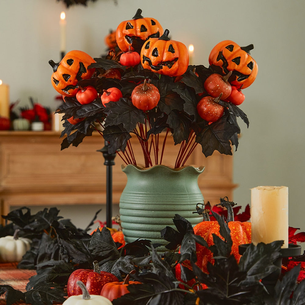 Halloween Fake Smiling Face Pumpkin Seidenahornblätter Bouquet für Party Erntedankfest Zuhause Kamin Tisch Herbst Dekoration
