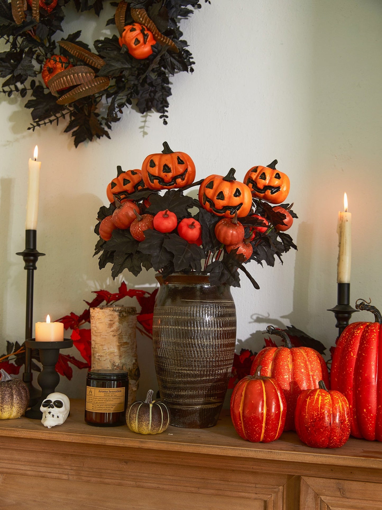 Halloween Fake Smiling Face Pumpkin Seidenahornblätter Bouquet für Party Erntedankfest Zuhause Kamin Tisch Herbst Dekoration
