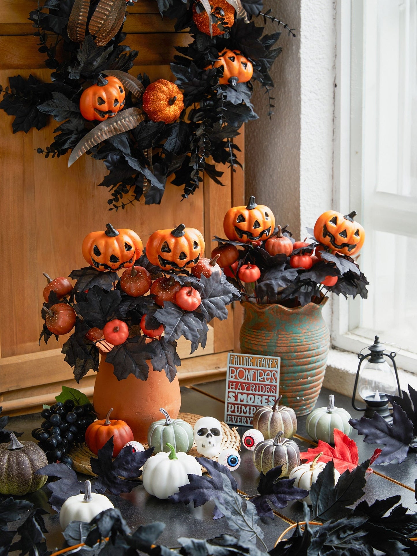 Halloween Fake Smiling Face Pumpkin Seidenahornblätter Bouquet für Party Erntedankfest Zuhause Kamin Tisch Herbst Dekoration
