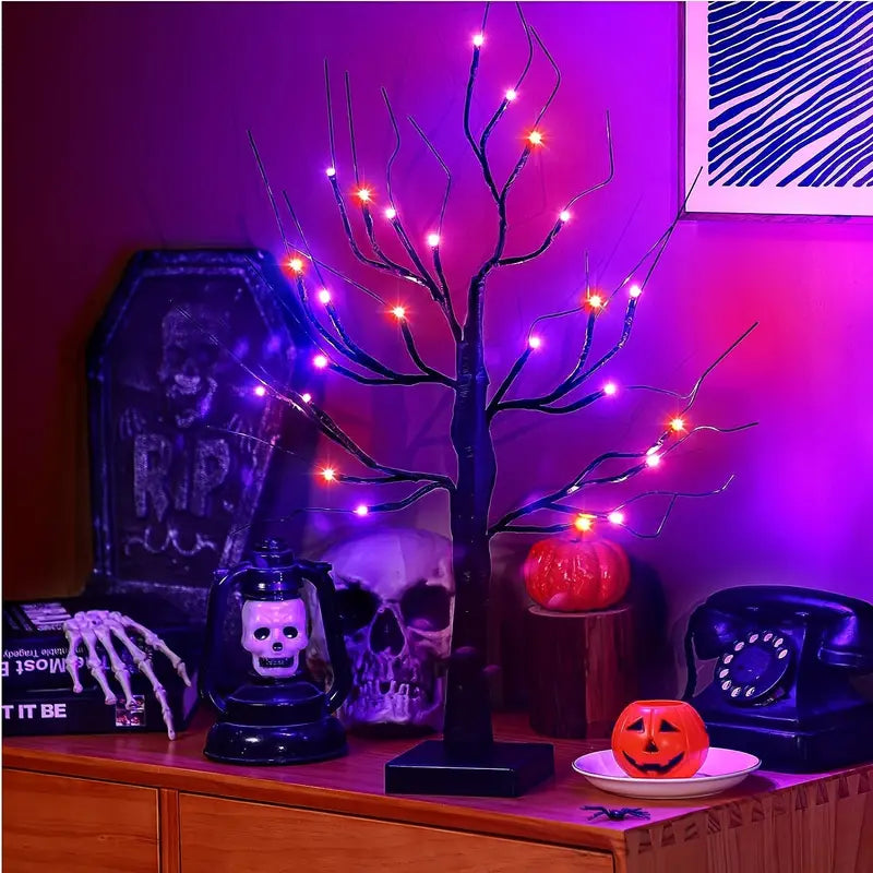 Frendorf | GlowHaunt LED Halloween Birkenbaum | Stimmungslicht | Leuchtende Deko in Orange & Lila