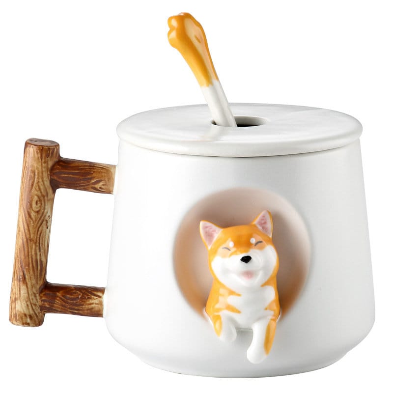 Handgefertigte Shiba Inu Hundeliebhaber Große TASSE Für Kaffee und Tee - Keramische Persönlichkeit Süße Shiba Inu Tasse Mit Deckel und Löffel