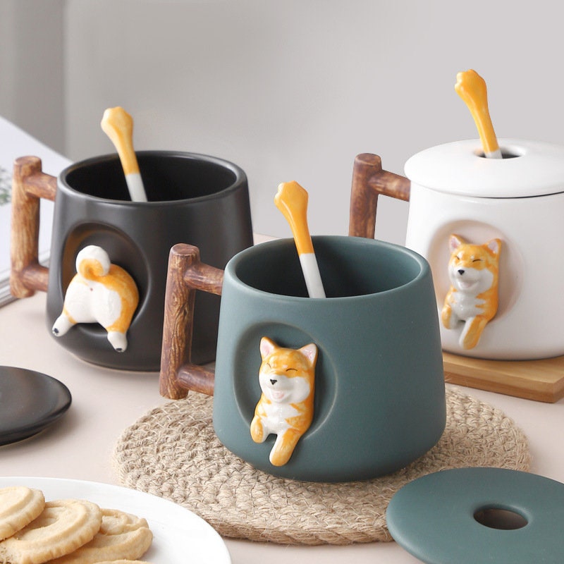 Handgefertigte Shiba Inu Hundeliebhaber Große TASSE Für Kaffee und Tee - Keramische Persönlichkeit Süße Shiba Inu Tasse Mit Deckel und Löffel