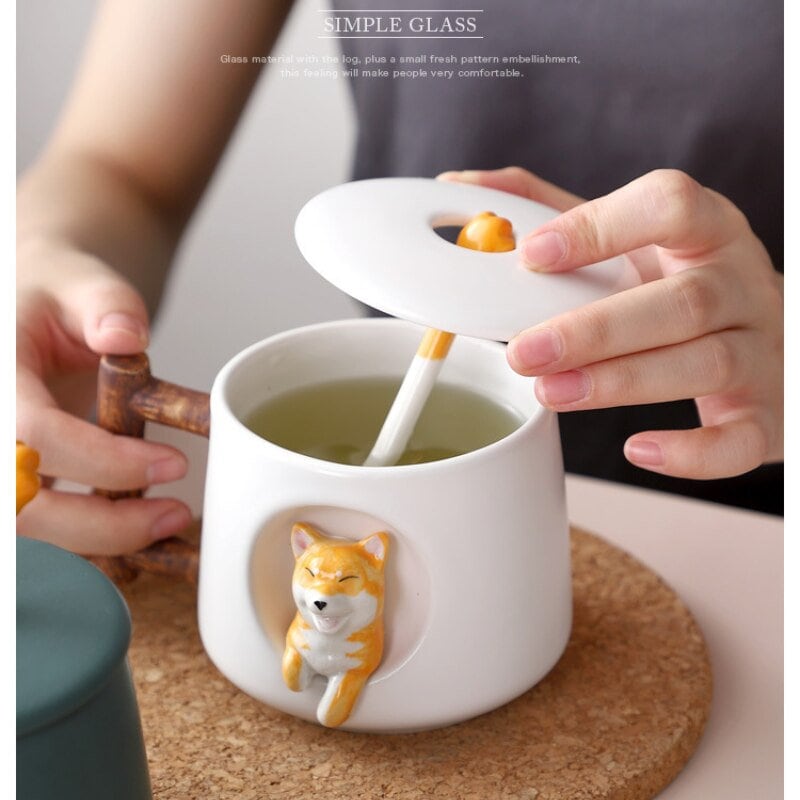 Handgefertigte Shiba Inu Hundeliebhaber Große TASSE Für Kaffee und Tee - Keramische Persönlichkeit Süße Shiba Inu Tasse Mit Deckel und Löffel
