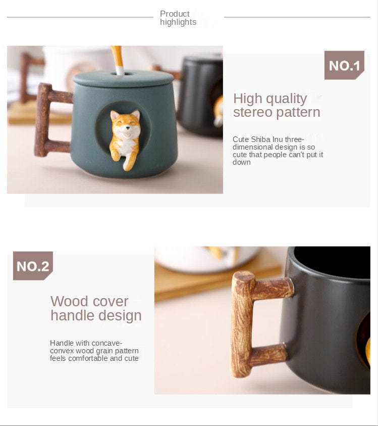 Handgefertigte Shiba Inu Hundeliebhaber Große TASSE Für Kaffee und Tee - Keramische Persönlichkeit Süße Shiba Inu Tasse Mit Deckel und Löffel
