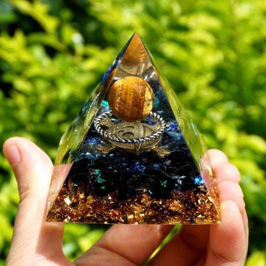 #105-Handgemachter Obsidian & Tigerauge Silberring Kristallkugel 'COURAGE' ORGONIT Pyramide