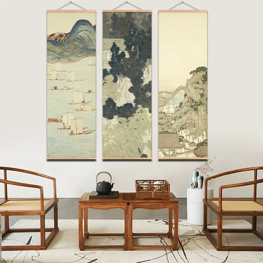 Japanese Ou-Mi Ukiyoe Scroll Print Poster Landscape Wall Art Pictures Living Room Vintage Painting Farmhouse Home Decor