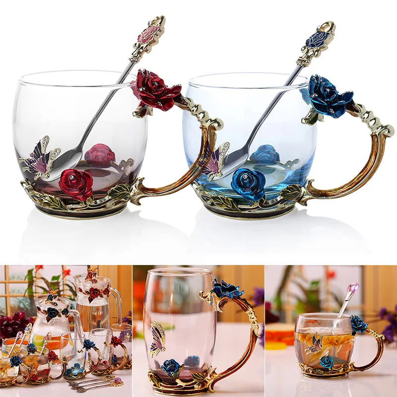 Handgefertigte Emaille Kaffeetassen Rosen-Glas Teetasse mit Stahllöffel Luxus Einzigartige Geschenke für Hochzeit Valentinstag Geburtstagsgeschenke
