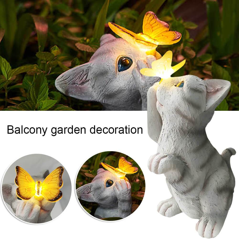 Frendorf | SolarPurr Gartenleuchte | LED-Katzenfigur mit Schmetterling | Solarbetrieben | Wetterfest | Dekoration für Außenbereiche