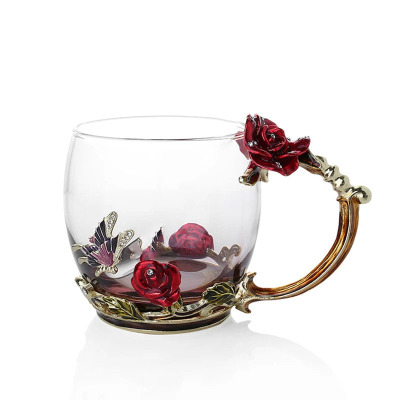 Handgefertigte Emaille Kaffeetassen Rosen-Glas Teetasse mit Stahllöffel Luxus Einzigartige Geschenke für Hochzeit Valentinstag Geburtstagsgeschenke