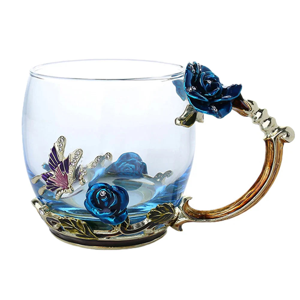 Handgefertigte Emaille Kaffeetassen Rosen-Glas Teetasse mit Stahllöffel Luxus Einzigartige Geschenke für Hochzeit Valentinstag Geburtstagsgeschenke