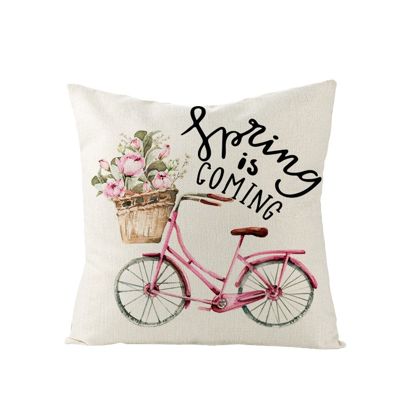 Nordic Style 45x45cm Quadratisches Leinenkissen mit Pinkem Blumenfahrrad-Print - Frühlingsbauernhaus Wohnkissenbezug