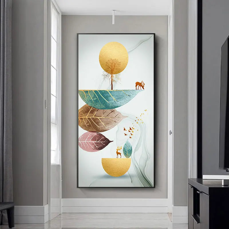 Nordic Abstract Feather Golden Yellow Deer Poster