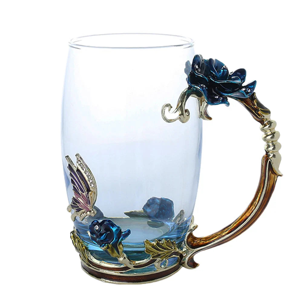 Handgefertigte Emaille Kaffeetassen Rosen-Glas Teetasse mit Stahllöffel Luxus Einzigartige Geschenke für Hochzeit Valentinstag Geburtstagsgeschenke