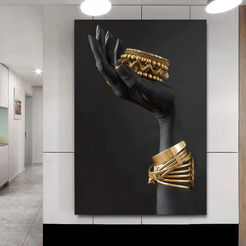 Afrikanische Frau Wandmalerei Kunstposter und Drucke große schwarze Frau mit goldenen Schmuck Leinwandbild für Wohnzimmer Dekor