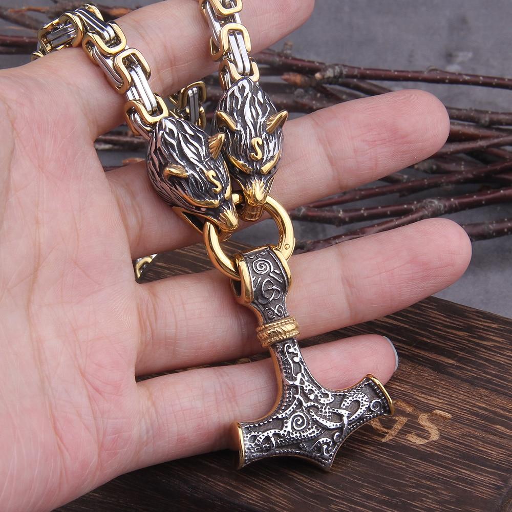 Frendorf | WolfSpirit Edelstahl Halskette & Armband | Doppel-Wolfskopf & Mjolnir Design | Viking Schmuck | 60–90 cm | Robust & Stilvoll