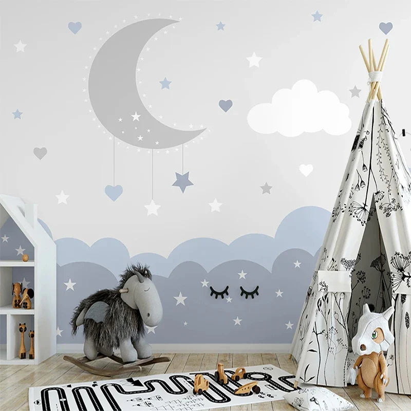 Frendorf | Crescent Moon mit hängenden Sternen und Wolkenlandschaft Kinderzimmer Wandbild Tapete