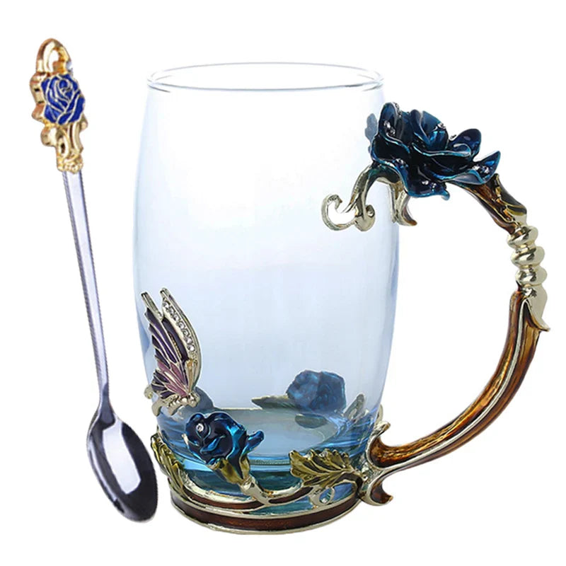 Handgefertigte Emaille Kaffeetassen Rosen-Glas Teetasse mit Stahllöffel Luxus Einzigartige Geschenke für Hochzeit Valentinstag Geburtstagsgeschenke