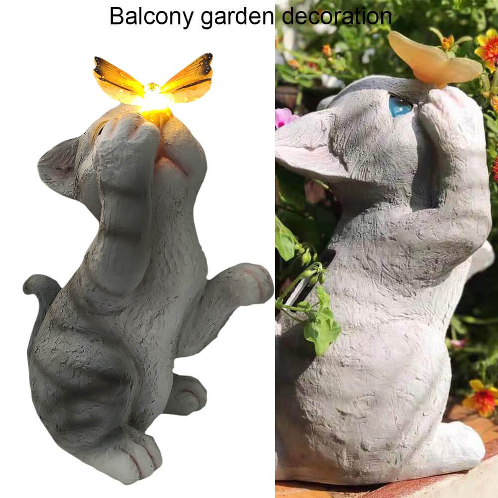 Frendorf | SolarPurr Gartenleuchte | LED-Katzenfigur mit Schmetterling | Solarbetrieben | Wetterfest | Dekoration für Außenbereiche