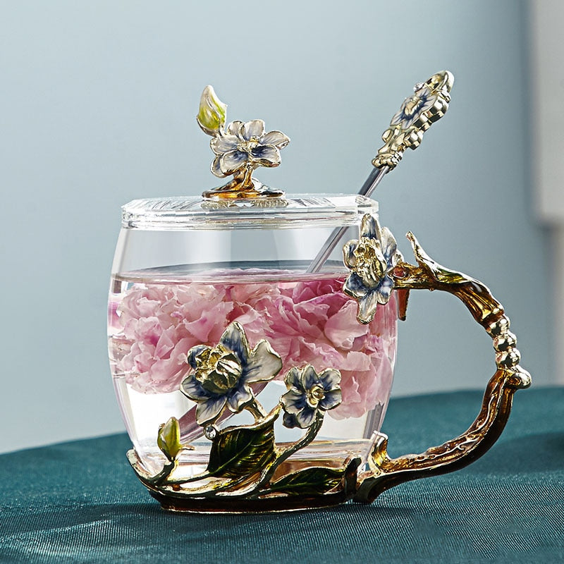 Handgefertigte Emaille-Blumen-Glasmugge für Paare Liebesgeschenk kann Kaffee, aromatisierten Tee oder sogar Zitronensaft servieren in