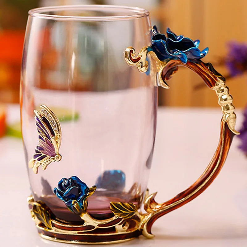 Handgefertigte Emaille Kaffeetassen Rosen-Glas Teetasse mit Stahllöffel Luxus Einzigartige Geschenke für Hochzeit Valentinstag Geburtstagsgeschenke
