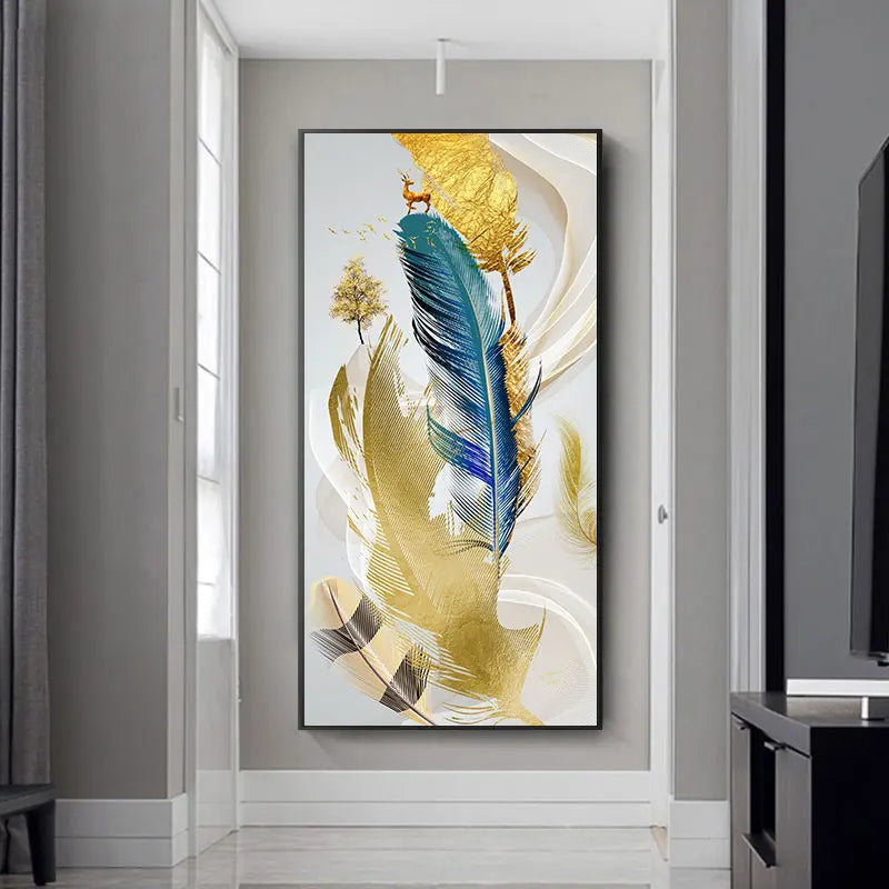 Nordic Abstract Feather Golden Yellow Deer Poster