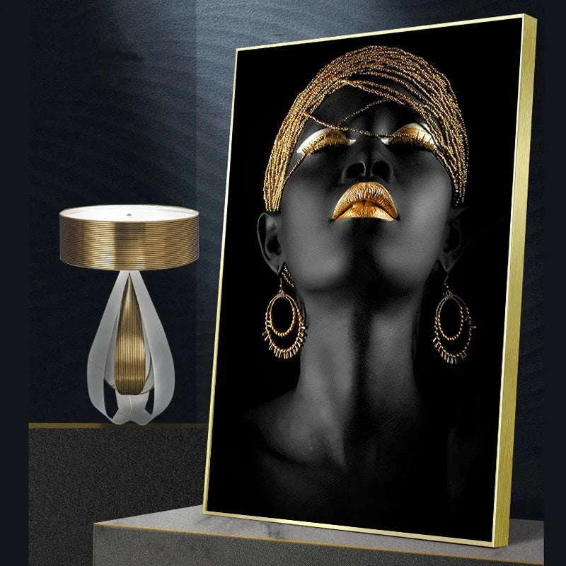Afrikanische Frau Wandmalerei Kunstposter und Drucke große schwarze Frau mit goldenen Schmuck Leinwandbild für Wohnzimmer Dekor