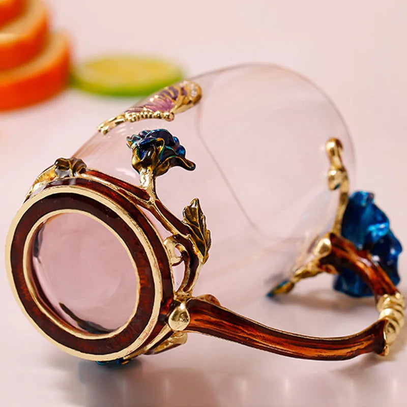 Handgefertigte Emaille Kaffeetassen Rosen-Glas Teetasse mit Stahllöffel Luxus Einzigartige Geschenke für Hochzeit Valentinstag Geburtstagsgeschenke