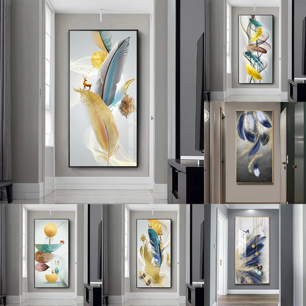 Nordic Abstract Feather Golden Yellow Deer Poster