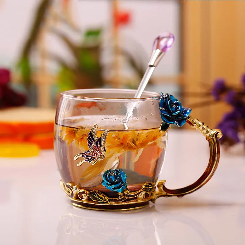 Handgefertigte Emaille Kaffeetassen Rosen-Glas Teetasse mit Stahllöffel Luxus Einzigartige Geschenke für Hochzeit Valentinstag Geburtstagsgeschenke