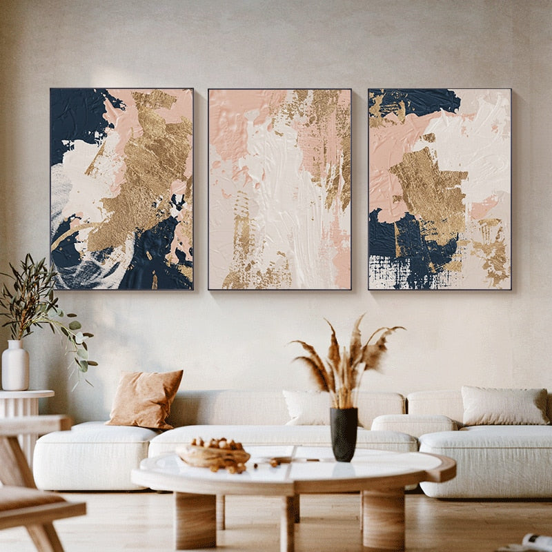 HD Nordic Abstract Wandkunst Handgemalte Ölgemälde in Blau Rosa Gold auf Leinwand