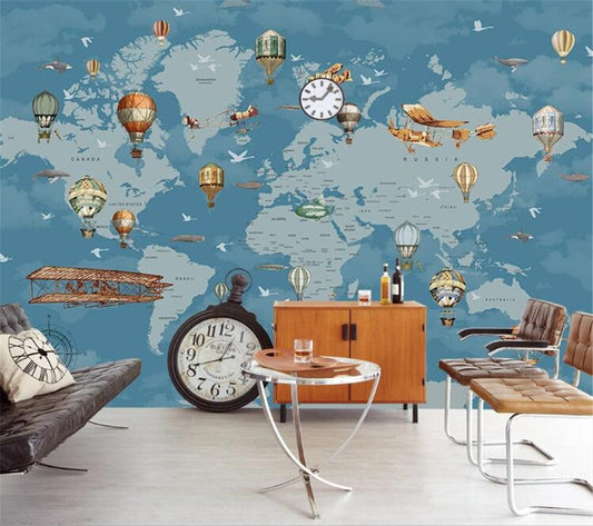 Frendorf | Cartoon-Weltkarte mit Flugzeugen und Ballons Tapete Mural