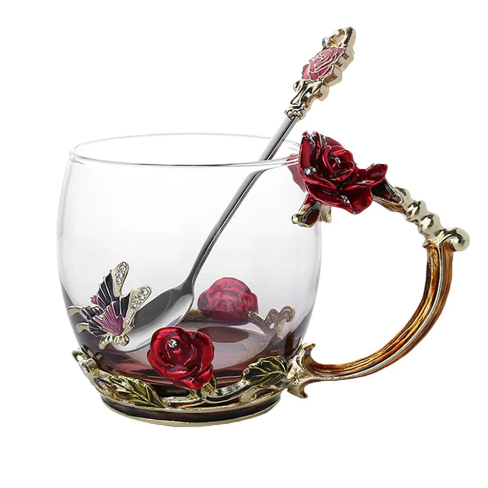 Handgefertigte Emaille Kaffeetassen Rosen-Glas Teetasse mit Stahllöffel Luxus Einzigartige Geschenke für Hochzeit Valentinstag Geburtstagsgeschenke