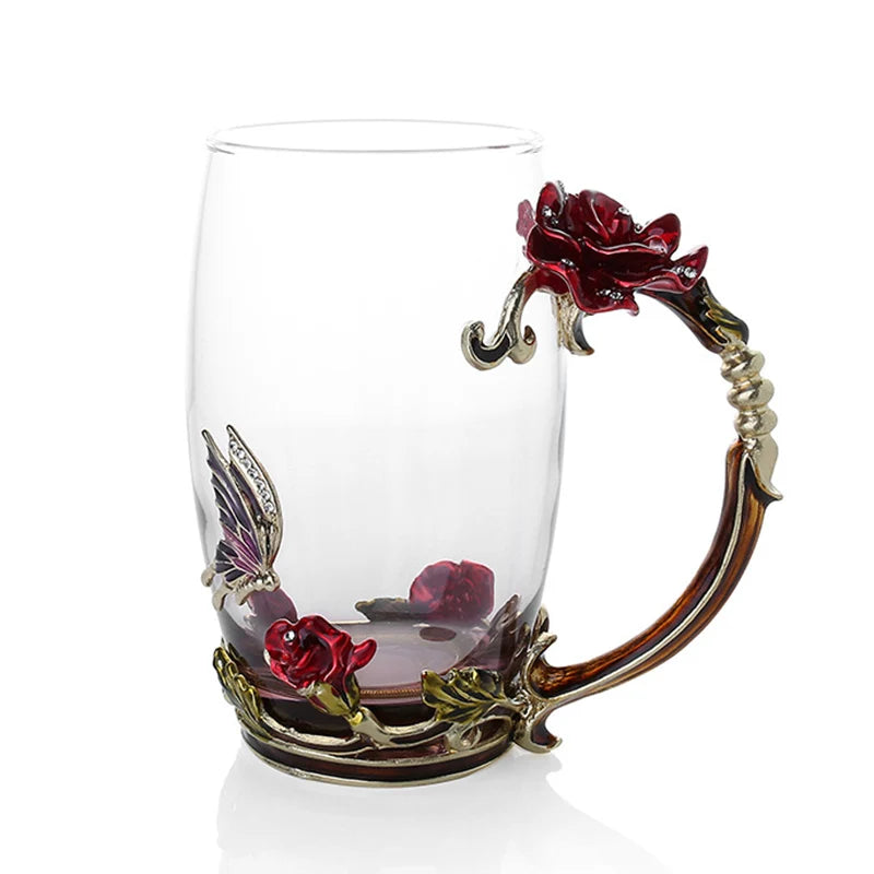 Handgefertigte Emaille Kaffeetassen Rosen-Glas Teetasse mit Stahllöffel Luxus Einzigartige Geschenke für Hochzeit Valentinstag Geburtstagsgeschenke