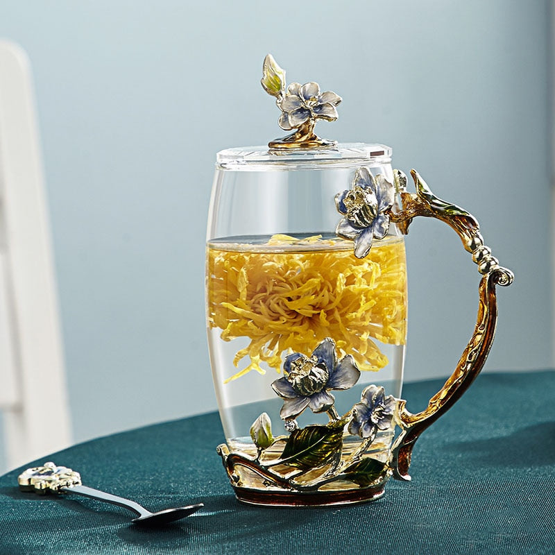Handgefertigte Emaille-Blumen-Glasmugge für Paare Liebesgeschenk kann Kaffee, aromatisierten Tee oder sogar Zitronensaft servieren in