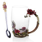 Handgefertigte Emaille Kaffeetassen Rosen-Glas Teetasse mit Stahllöffel Luxus Einzigartige Geschenke für Hochzeit Valentinstag Geburtstagsgeschenke