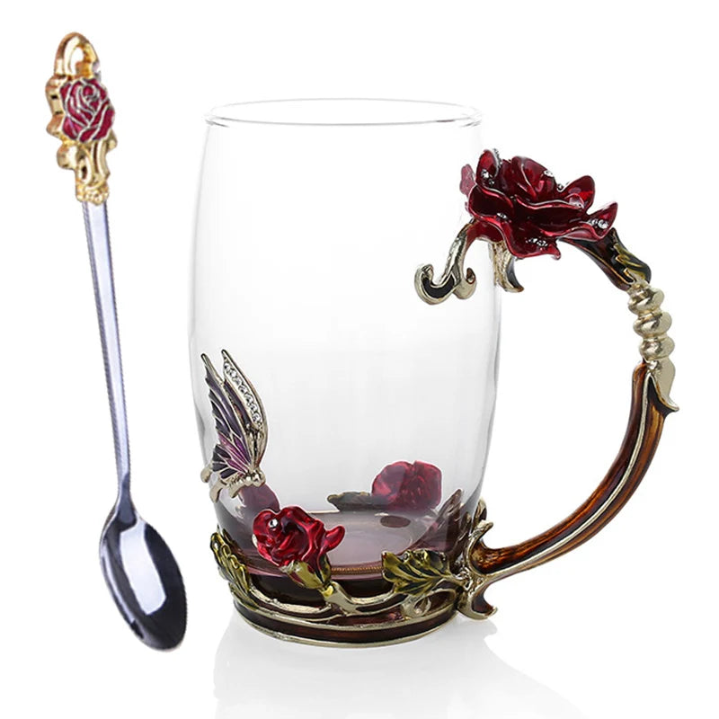 Handgefertigte Emaille Kaffeetassen Rosen-Glas Teetasse mit Stahllöffel Luxus Einzigartige Geschenke für Hochzeit Valentinstag Geburtstagsgeschenke